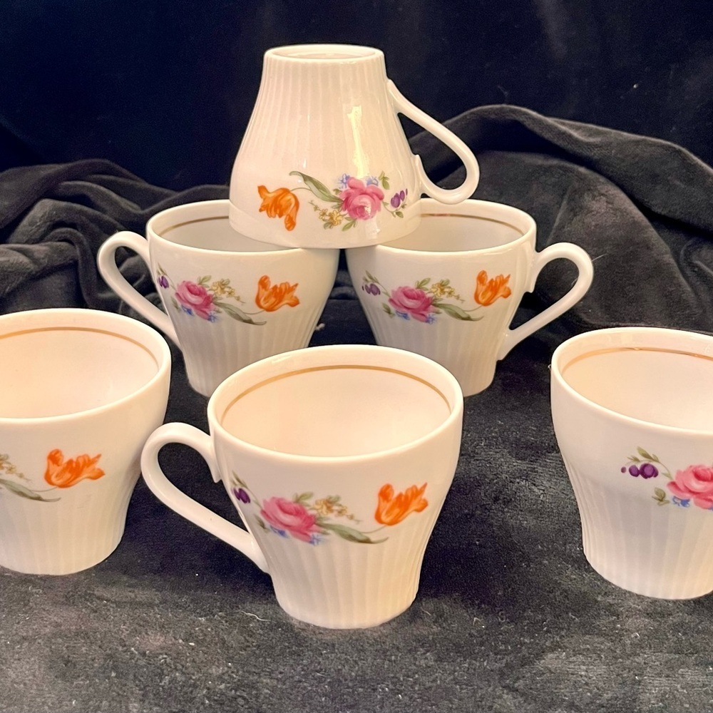 VTG JLMENAU East Germany Graf Von Henneberg Floral Ribbed Demitasse Cups Set 6 - Picture 12 of 17